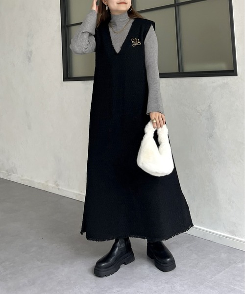 prose verse（プロズヴェール）の「Vネックツイードフリンジジャンスカ（ジャンパースカート・レディース・ブラック/グレー・MEDIUM）」の8枚目の写真