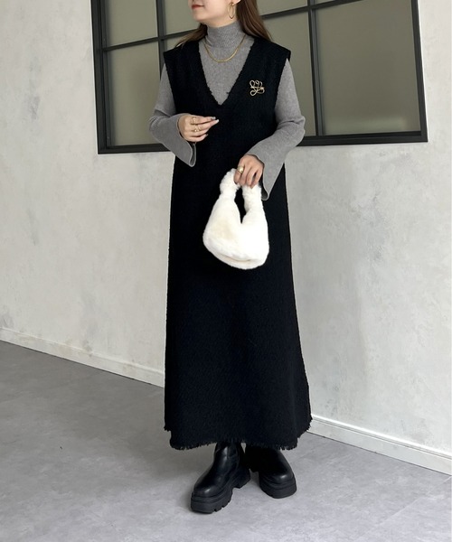 prose verse（プロズヴェール）の「Vネックツイードフリンジジャンスカ（ジャンパースカート・レディース・ブラック/グレー・MEDIUM）」の9枚目の写真