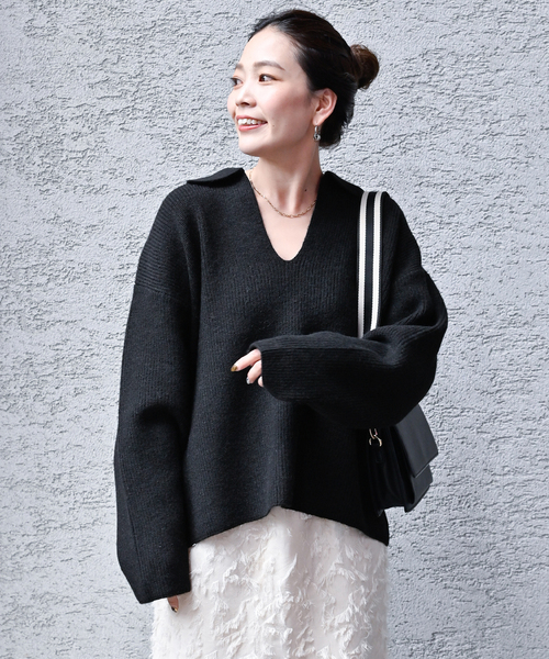 B.C STOCK（ベーセーストック）の「襟付きスキッパーニット（ニット/セーター・レディース・ベージュ/ブラック/レッド/ホワイト・FREE）」の8枚目の写真