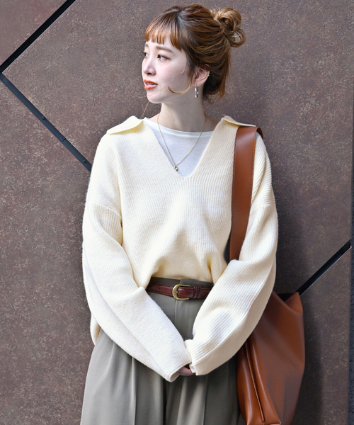 B.C STOCK（ベーセーストック）の「襟付きスキッパーニット（ニット/セーター・レディース・ベージュ/ブラック/レッド/ホワイト・FREE）」の14枚目の写真