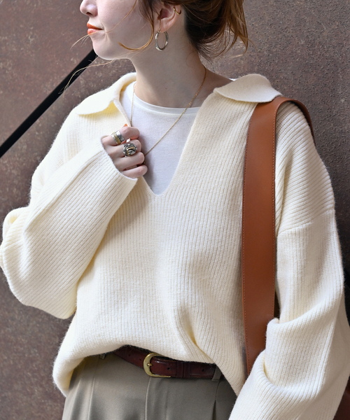 B.C STOCK（ベーセーストック）の「襟付きスキッパーニット（ニット/セーター・レディース・ベージュ/ブラック/レッド/ホワイト・FREE）」の17枚目の写真