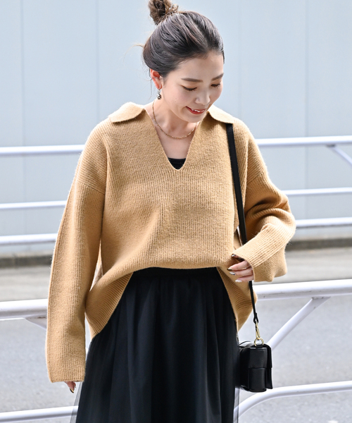 B.C STOCK（ベーセーストック）の「襟付きスキッパーニット（ニット/セーター・レディース・ベージュ/ブラック/レッド/ホワイト・FREE）」の21枚目の写真