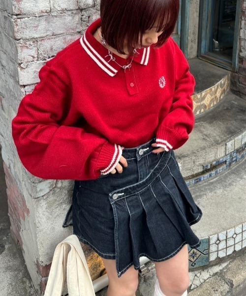 nemne store（ネンネストア）の「《低身長サイズあり》ワンポイント刺繍ポロニット（ポロシャツ・レディース・ネイビー/レッド・SMALL/MEDIUM）」の2枚目の写真