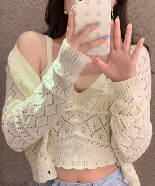 Miniministore（ミニミニストア）の「ニットカーディガンキャミソール2点セット（ニット/セーター・レディース・グリーン/アイボリー/イエロー/ピンク・FREE）」の2枚目の写真