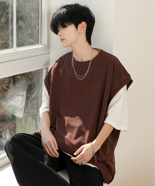 neos（ネオス）の「【neos】ルーズシルエット ベスト レイヤード サイドスリット アンサンブル Tシャツ（Tシャツ/カットソー・メンズ・ブラック/チャコールグレー/ブルー/ブラウン/グリーン・MEDIUM/LARGE）」の3枚目の写真