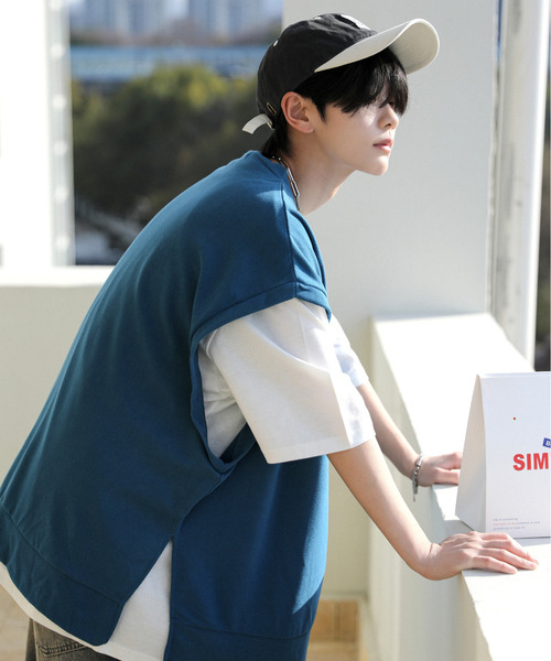 neos（ネオス）の「【neos】ルーズシルエット ベスト レイヤード サイドスリット アンサンブル Tシャツ（Tシャツ/カットソー・メンズ・ブラック/チャコールグレー/ブルー/ブラウン/グリーン・MEDIUM/LARGE）」の5枚目の写真