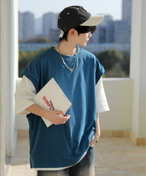 neos（ネオス）の「【neos】ルーズシルエット ベスト レイヤード サイドスリット アンサンブル Tシャツ（Tシャツ/カットソー・メンズ・ブラック/チャコールグレー/ブルー/ブラウン/グリーン・MEDIUM/LARGE）」の17枚目の写真