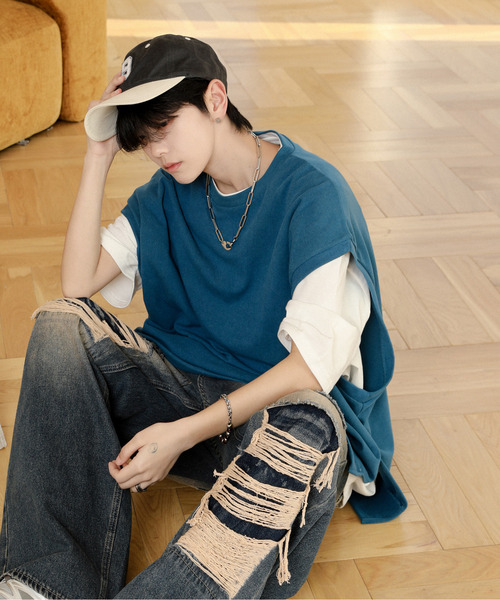 neos（ネオス）の「【neos】ルーズシルエット ベスト レイヤード サイドスリット アンサンブル Tシャツ（Tシャツ/カットソー・メンズ・ブラック/チャコールグレー/ブルー/ブラウン/グリーン・MEDIUM/LARGE）」の20枚目の写真