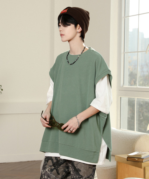 neos（ネオス）の「【neos】ルーズシルエット ベスト レイヤード サイドスリット アンサンブル Tシャツ（Tシャツ/カットソー・メンズ・ブラック/チャコールグレー/ブルー/ブラウン/グリーン・MEDIUM/LARGE）」の6枚目の写真