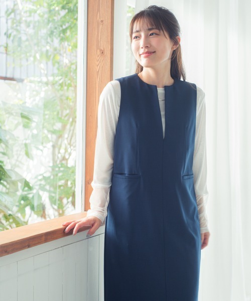 Petitjo(プッチージョ)の「小さいサイズ キーネックジャンパースカート 低身長さん・小柄女性(ワンピース・レディース・ブラウン/ネイビー・PS(XS-S)/PS/PM/PL)」の9枚目の写真