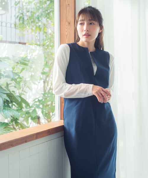 Petitjo(プッチージョ)の「小さいサイズ キーネックジャンパースカート 低身長さん・小柄女性(ワンピース・レディース・ブラウン/ネイビー・PS(XS-S)/PS/PM/PL)」の3枚目の写真