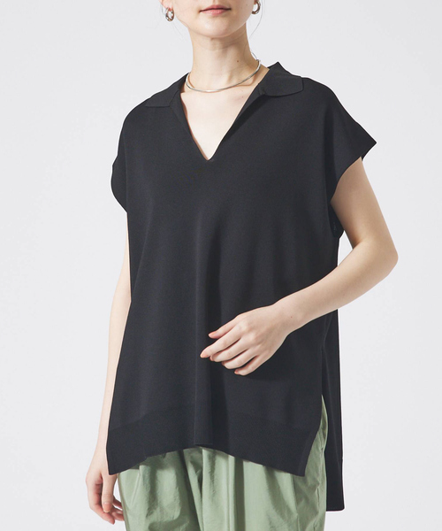 qualite(カリテ)の「レーヨンストレッチオープンカラーシャツ/サマーニット/夏服/オフィスカジュアル(Tシャツ/カットソー・レディース・ブラック/ベージュ/オフホワイト・フリー)」の2枚目の写真