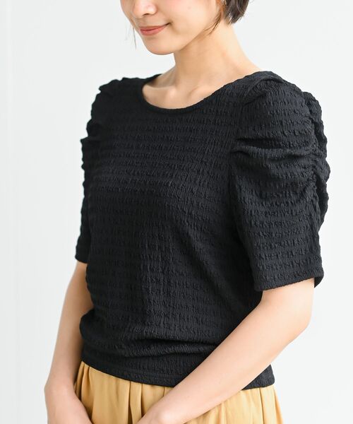 rps(アールピーエス)の「ふくれジャガードパワショルプルオーバー(Tシャツ/カットソー・レディース・イエロー/ブルー/オフホワイト/ブラック・フリー)」の1枚目の写真