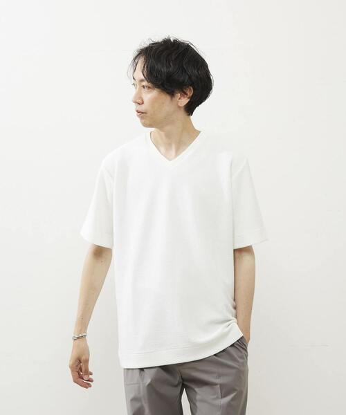 MEN'S MELROSE(メンズメルローズ)の「シュリンクジャガードVネックTシャツ(Tシャツ/カットソー・メンズ・ミント/ネイビー/ホワイト・2/3/4)」の2枚目の写真