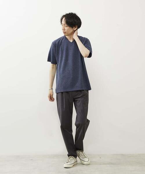 MEN'S MELROSE(メンズメルローズ)の「シュリンクジャガードVネックTシャツ(Tシャツ/カットソー・メンズ・ミント/ネイビー/ホワイト・2/3/4)」の5枚目の写真