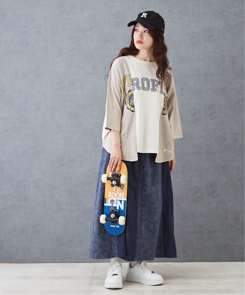 CUBE SUGAR（キューブシュガー）の「リメイク風切替ドルマンスリーブ7分袖Tシャツ（Tシャツ/カットソー・レディース・チャコールグレー/グレー/マルチ/パープル・M）」の7枚目の写真