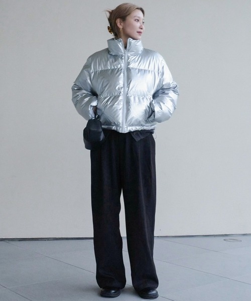   シルバー ダウンジャケット 新品タグ付き ファッションレター Fashion Letter メタリックタフタ 中綿ダウン