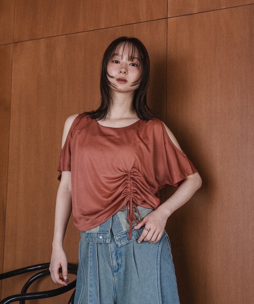 mideal（マイディール）の「cut design sheer t shirt / カットデザインシアーティーシャツ（Tシャツ/カットソー・レディース・テラコッタ/ブラウン/オフホワイト・FREE）」の7枚目の写真