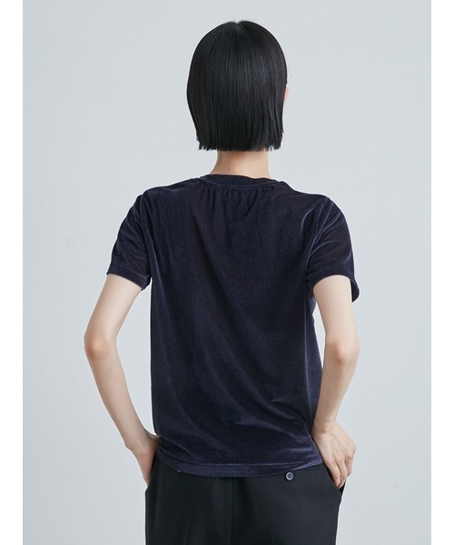 tシャツ コンパクトベロアTシャツ/コンパクト マットベロアカットソー ピンク ブラック ネイビー ブルー アイボリー オフホワイト ピンク グレー シアー ベロア コンパクト Tシャツ washable