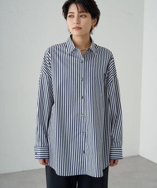 美品♪loungedress ラウンジドレス バンドカラーストライプシャツ 茶 Loungedress - ラウンジドレス バンドカラーストライプシャツの