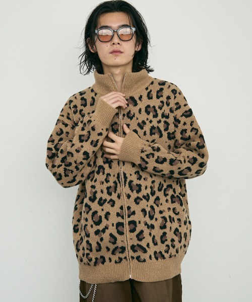 【セール】Leopard print zip-up knit sweater / レオパード柄ジップアップニットセーター（ニット/セーター）｜Shoowtime（ショウタイム）
