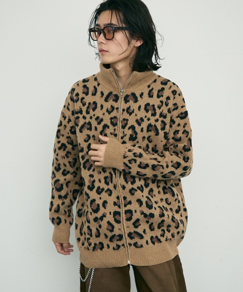 【セール】Leopard print zip-up knit sweater / レオパード柄ジップアップニットセーター（ニット/セーター）｜Shoowtime（ショウタイム）