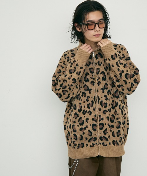 【セール】Leopard print zip-up knit sweater / レオパード柄ジップアップニットセーター（ニット/セーター）｜Shoowtime（ショウタイム）