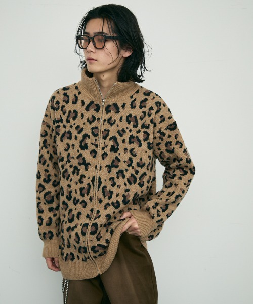 【セール】Leopard print zip-up knit sweater / レオパード柄ジップアップニットセーター（ニット/セーター）｜Shoowtime（ショウタイム）