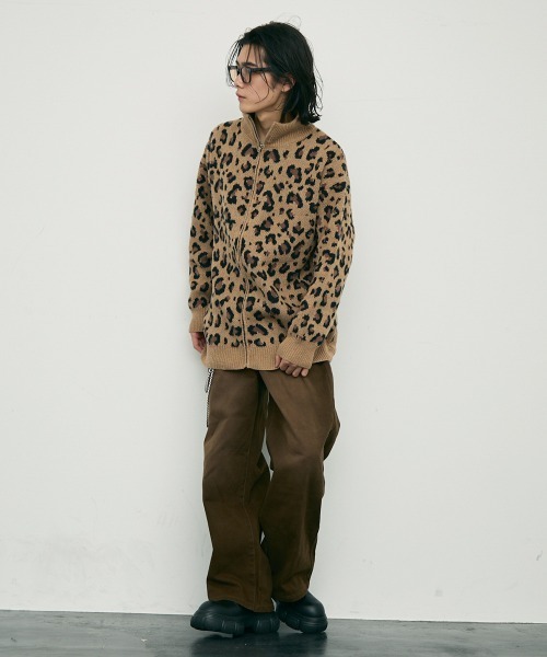【セール】Leopard print zip-up knit sweater / レオパード柄ジップアップニットセーター（ニット/セーター）｜Shoowtime（ショウタイム）