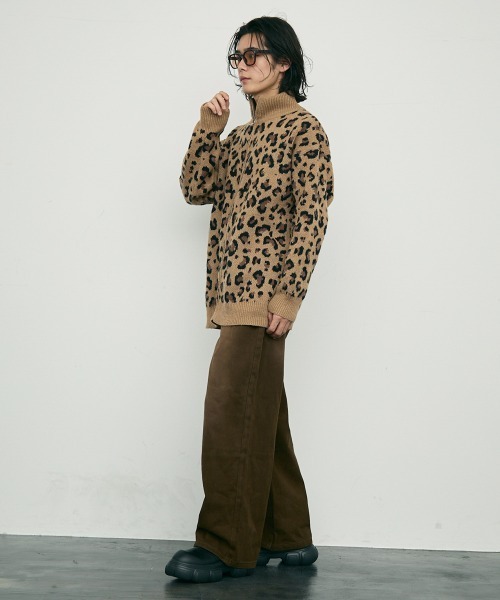 【セール】Leopard print zip-up knit sweater / レオパード柄ジップアップニットセーター（ニット/セーター）｜Shoowtime（ショウタイム）