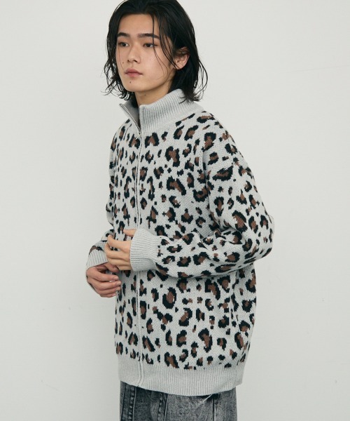 【セール】Leopard print zip-up knit sweater / レオパード柄ジップアップニットセーター（ニット/セーター）｜Shoowtime（ショウタイム）