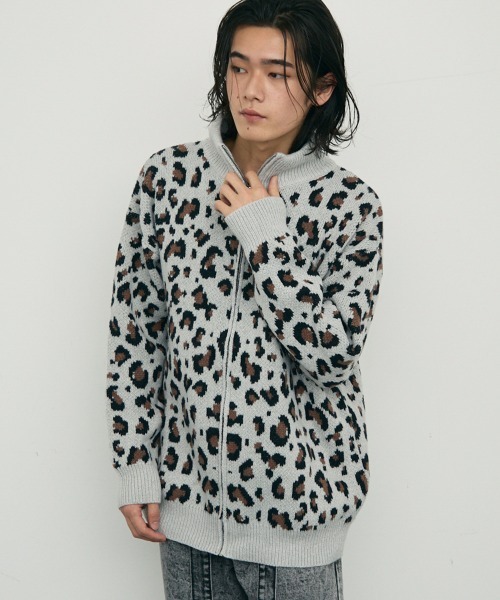 【セール】Leopard print zip-up knit sweater / レオパード柄ジップアップニットセーター（ニット/セーター）｜Shoowtime（ショウタイム）