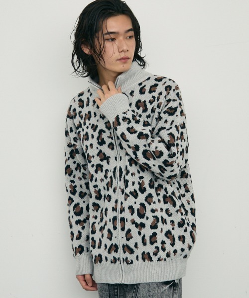 【セール】Leopard print zip-up knit sweater / レオパード柄ジップアップニットセーター（ニット/セーター）｜Shoowtime（ショウタイム）