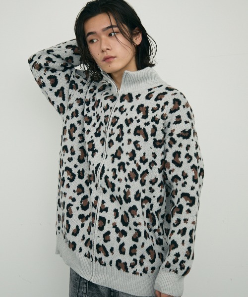 【セール】Leopard print zip-up knit sweater / レオパード柄ジップアップニットセーター（ニット/セーター）｜Shoowtime（ショウタイム）