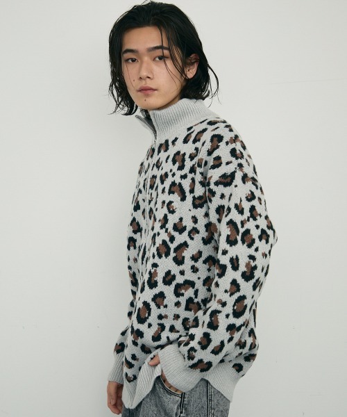 【セール】Leopard print zip-up knit sweater / レオパード柄ジップアップニットセーター（ニット/セーター）｜Shoowtime（ショウタイム）