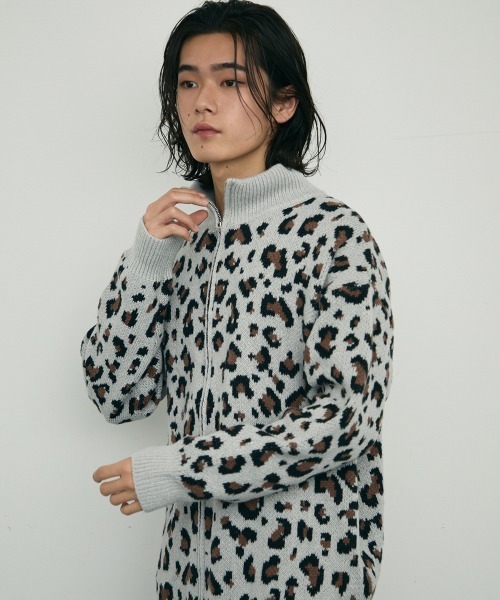 【セール】Leopard print zip-up knit sweater / レオパード柄ジップアップニットセーター（ニット/セーター）｜Shoowtime（ショウタイム）
