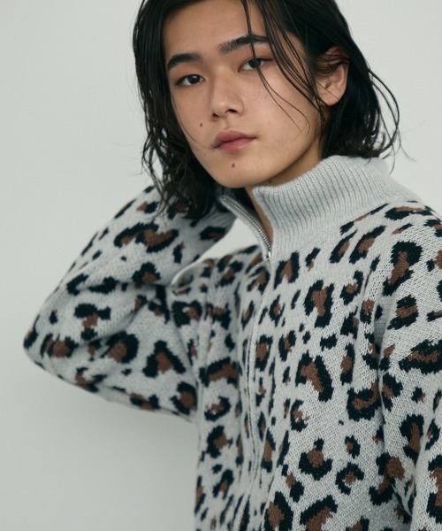 【セール】Leopard print zip-up knit sweater / レオパード柄ジップアップニットセーター（ニット/セーター）｜Shoowtime（ショウタイム）