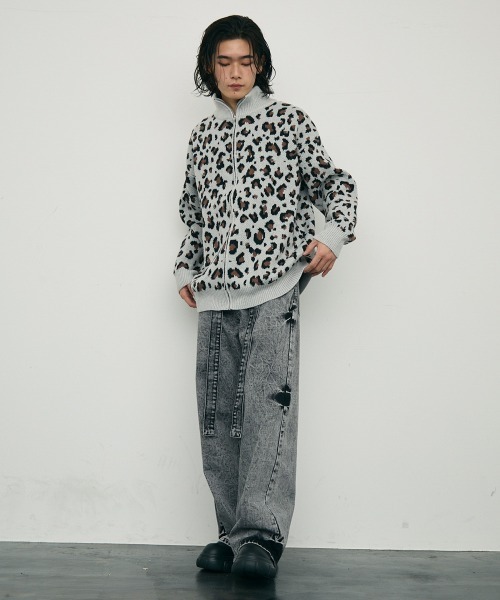 【セール】Leopard print zip-up knit sweater / レオパード柄ジップアップニットセーター（ニット/セーター）｜Shoowtime（ショウタイム）