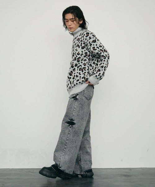 【セール】Leopard print zip-up knit sweater / レオパード柄ジップアップニットセーター（ニット/セーター）｜Shoowtime（ショウタイム）