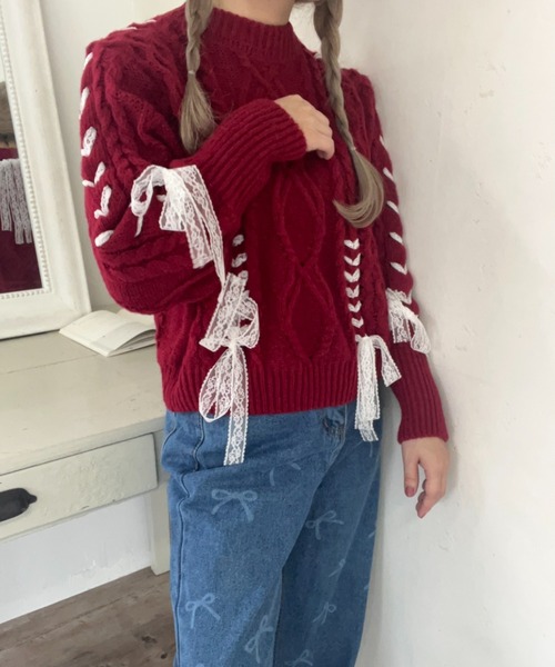 MORE self LOVE（モアセルフラブ）の「Holiday lace up knit（ニット/セーター・レディース・レッド・FREE）」の5枚目の写真