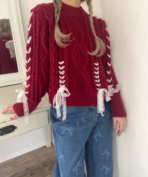 MORE self LOVE（モアセルフラブ）の「Holiday lace up knit（ニット/セーター・レディース・レッド・FREE）」の7枚目の写真