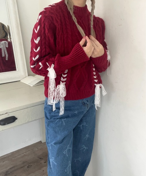 MORE self LOVE（モアセルフラブ）の「Holiday lace up knit（ニット/セーター・レディース・レッド・FREE）」の11枚目の写真