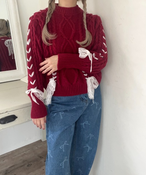 MORE self LOVE（モアセルフラブ）の「Holiday lace up knit（ニット/セーター・レディース・レッド・FREE）」の14枚目の写真