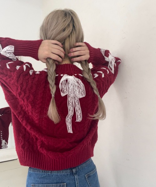 MORE self LOVE（モアセルフラブ）の「Holiday lace up knit（ニット/セーター・レディース・レッド・FREE）」の3枚目の写真