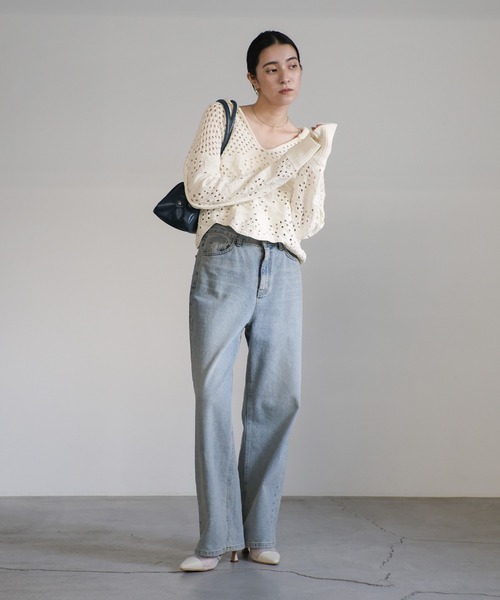 select MOCA(セレクトモカ)の「透かし編みスキッパーニット(ニット/セーター・レディース・オフホワイト/ブラック/ライトグレー・FREE)」の22枚目の写真