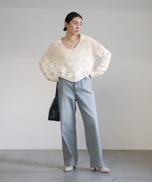 select MOCA(セレクトモカ)の「透かし編みスキッパーニット(ニット/セーター・レディース・オフホワイト/ブラック/ライトグレー・FREE)」の17枚目の写真