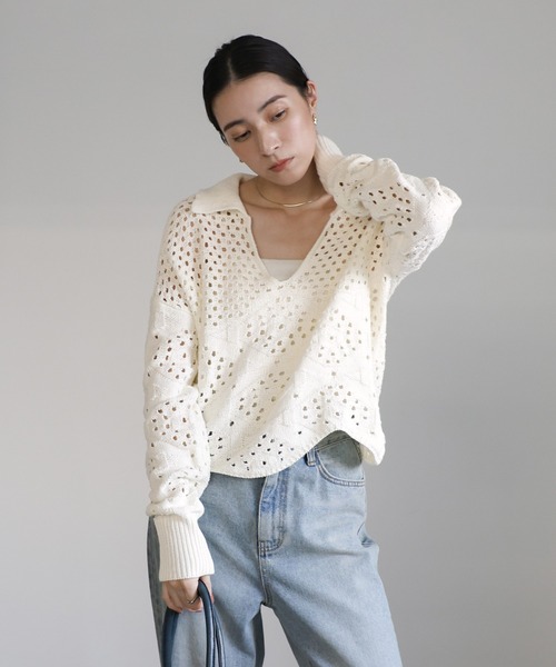 select MOCA(セレクトモカ)の「透かし編みスキッパーニット(ニット/セーター・レディース・オフホワイト/ブラック/ライトグレー・FREE)」の21枚目の写真