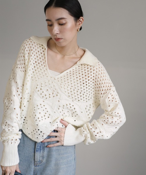 select MOCA(セレクトモカ)の「透かし編みスキッパーニット(ニット/セーター・レディース・オフホワイト/ブラック/ライトグレー・FREE)」の20枚目の写真