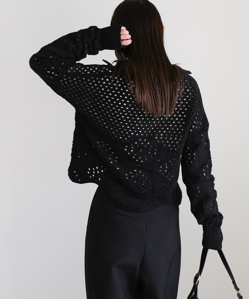 select MOCA(セレクトモカ)の「透かし編みスキッパーニット(ニット/セーター・レディース・オフホワイト/ブラック/ライトグレー・FREE)」の9枚目の写真