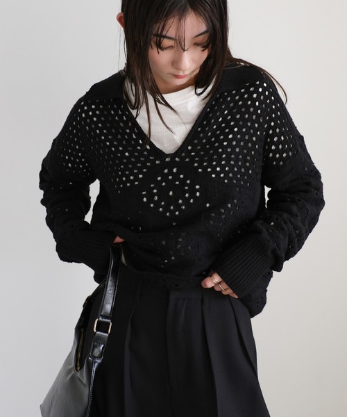 select MOCA(セレクトモカ)の「透かし編みスキッパーニット(ニット/セーター・レディース・オフホワイト/ブラック/ライトグレー・FREE)」の5枚目の写真